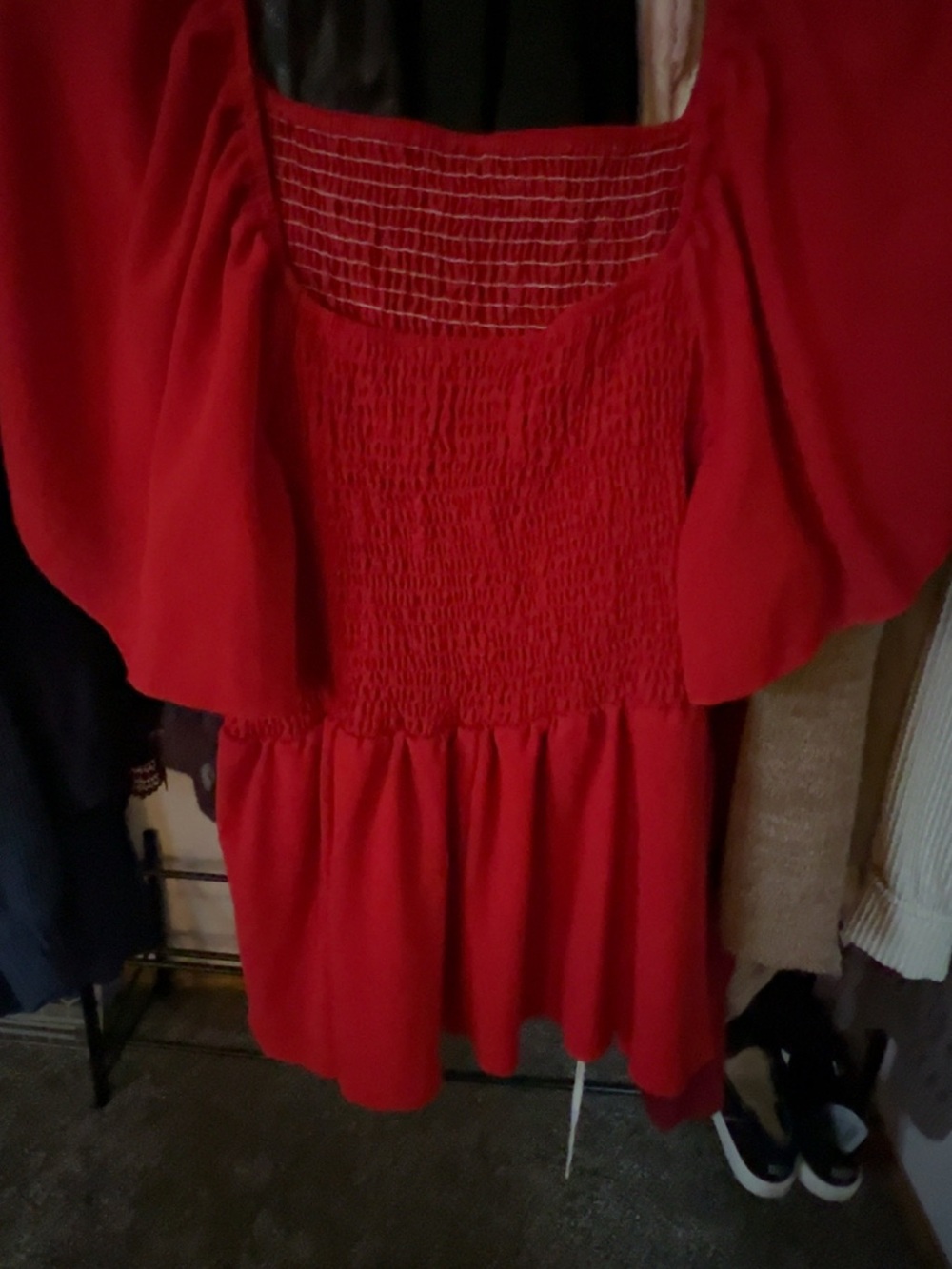 SHEIN Bright Red Smocked Square-Neck Blouse with Flutter Sleeves